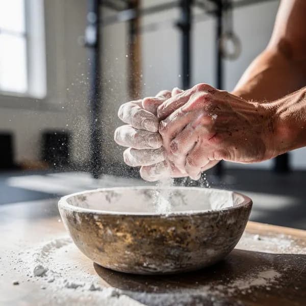 Calloused hands chalking up before a lift