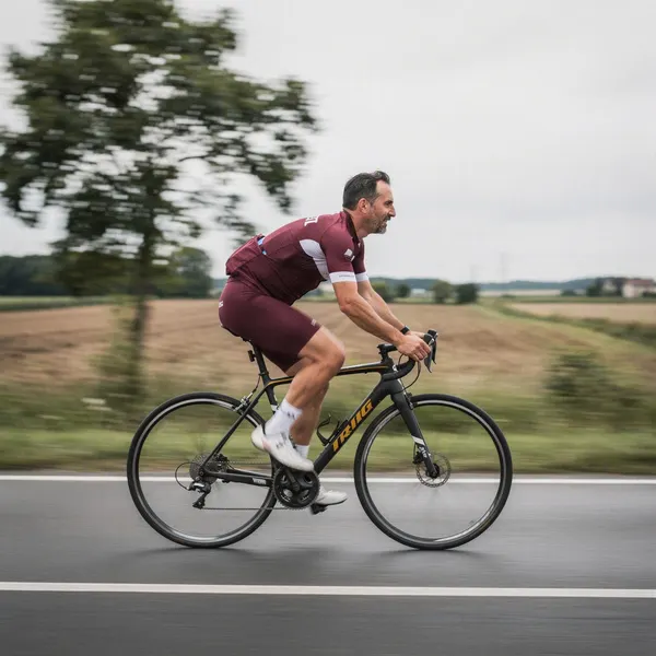 A cyclist riding fast on a country road