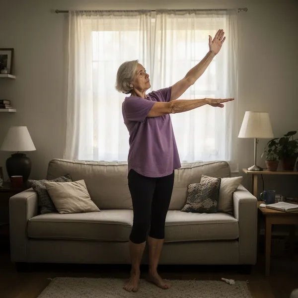 A woman in her sixties stretching in her own living room